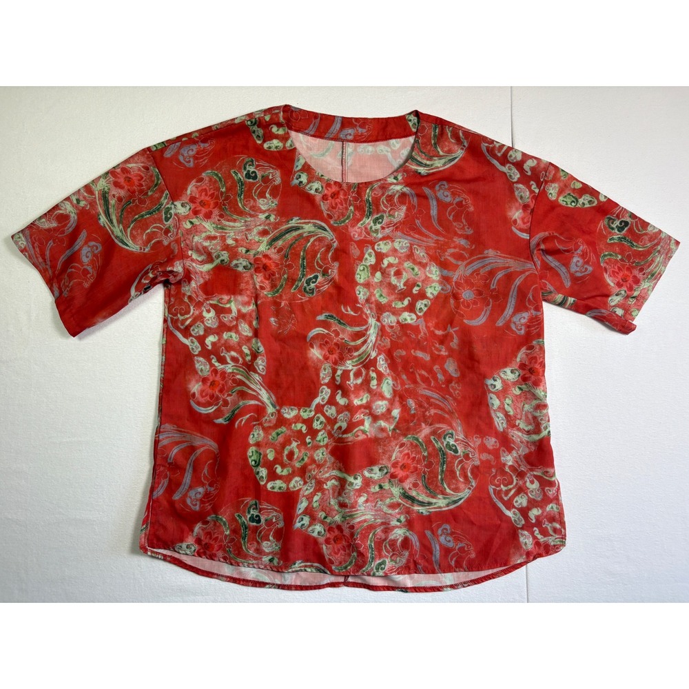 Womens Red Abstract Floral Short Sleeve Boxy Relaxed Fit Art To Wear Top XL